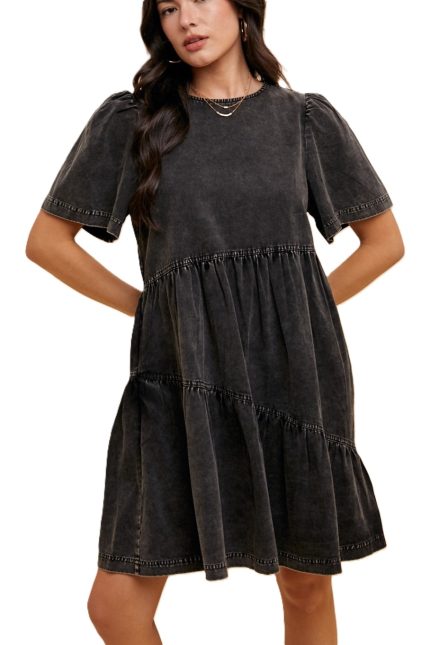 Mineral Washed Denim Flutter Sleeve Mini Dress