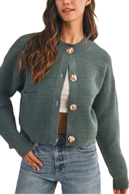 Ribbed Textured Sculpted Button Cropped Cardigan