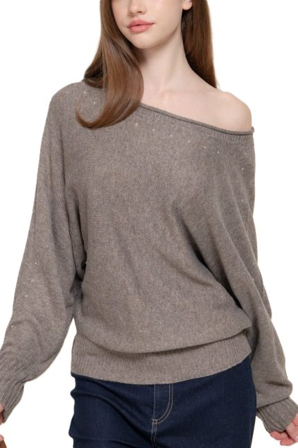 Long Slv Wide Boat Neck Studded Sweater