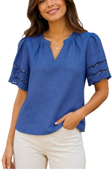 Eyelet Sleeve Split Neck Top