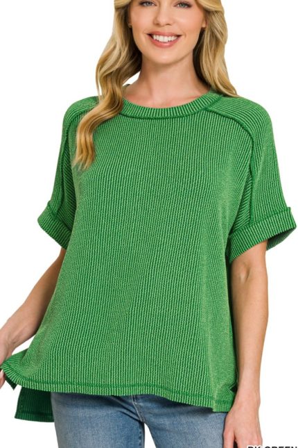 Textured Line Short Cuff Sleeve Raw Edge Top