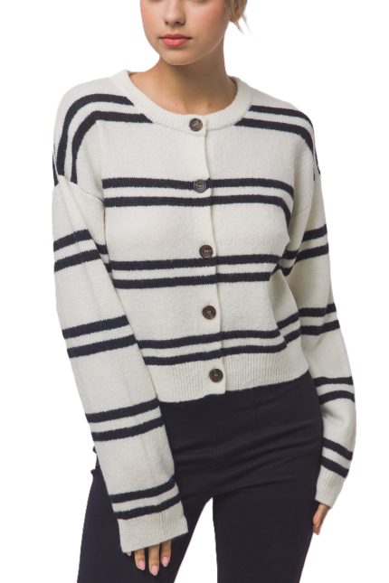 Striped Knit Crewneck Cardigan