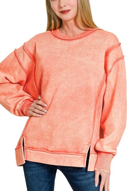 Acid Wash Exposed-seam Fleece Sweatshirt