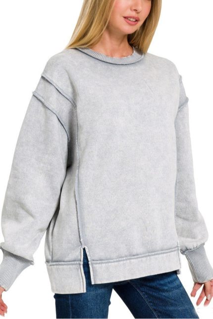Plus Acid Wash Exposed-seam Fleece Sweatshirt