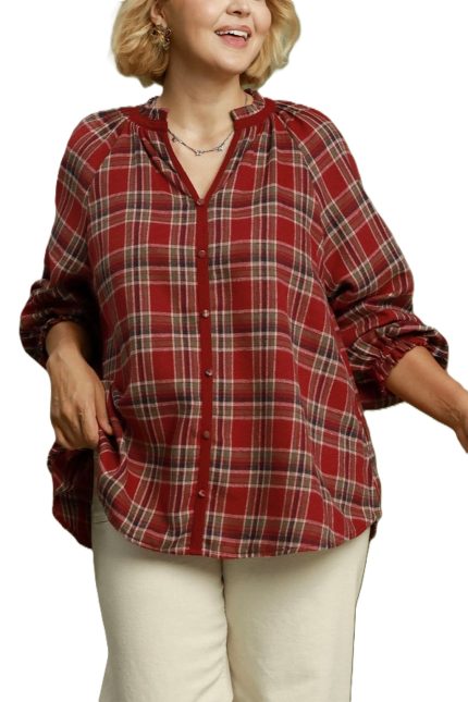 Plus Plaid Button Down Long Sleeve Relaxed Top