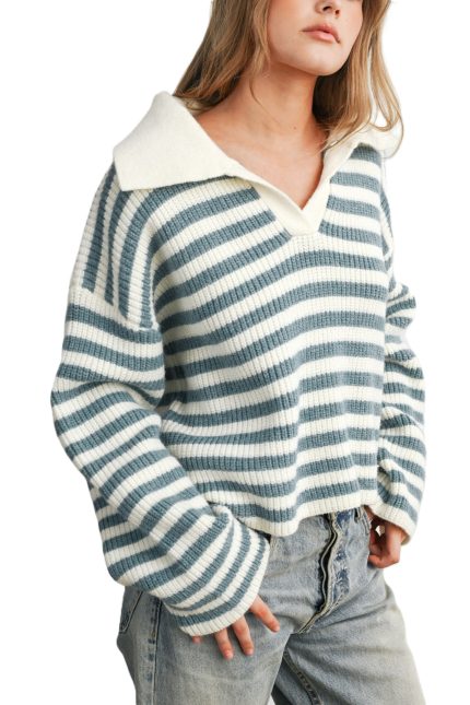 Striped Collared Knit Sweater