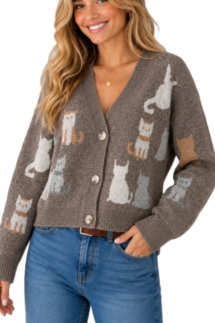 Multi-cat Jacquard Cardigan