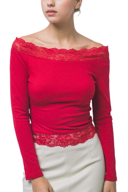 Lace-trim Off-the-shoulder Long-sleeve Top