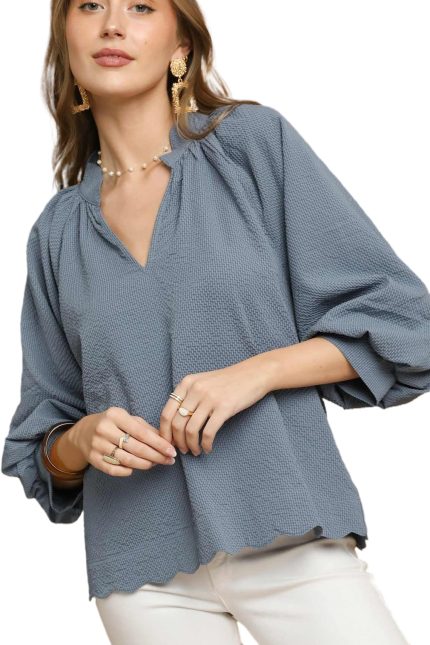 Split V Neck Top With Balloon Sleeves