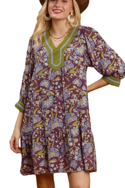 Floral Print Contrast Trim Tiered Boho Dress