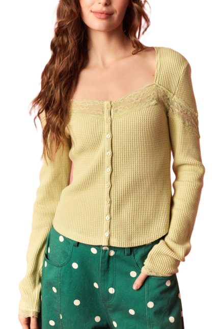 Fabric With Lace Button Square Neck Longslv Top