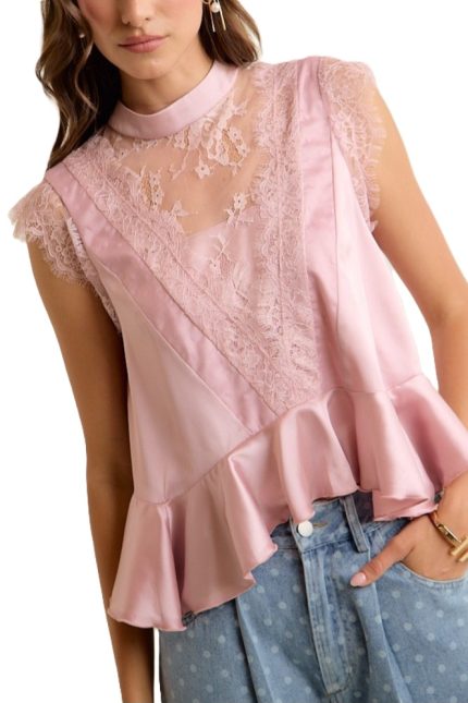 Satin Mock Neck Lace Trim Peplum Blouse Top