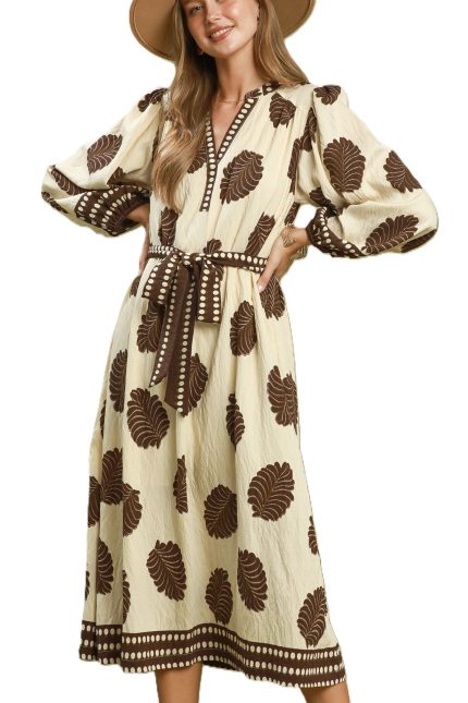 Mix Leaf Print Belted Midi Dress