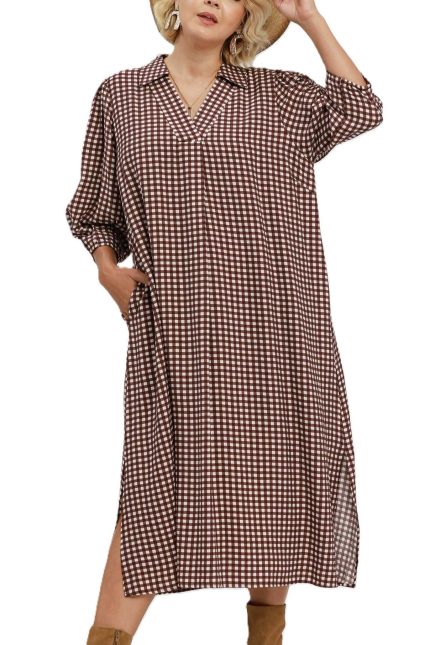 Plus Gingham Check Collared Midi Dress