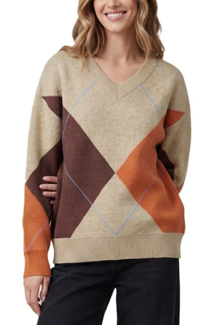 Long Sleeve V-neck Argyle Patterned Sweater