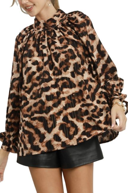 Leopard Print Metallic Stripe Mock Neck Blouse