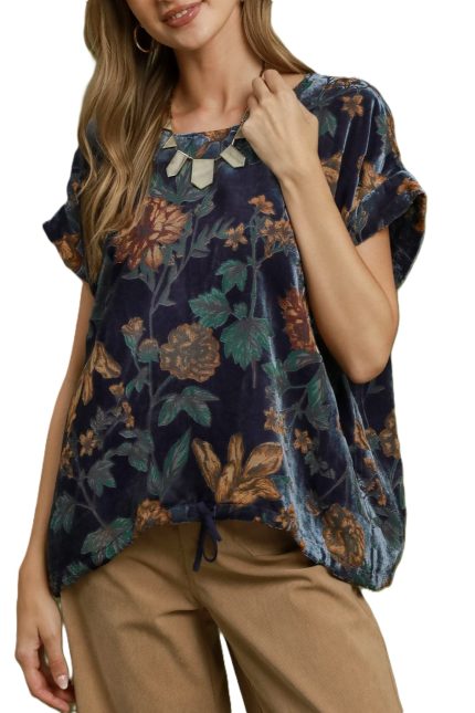 Burnout Velvet Floral Drawstring Hem Top