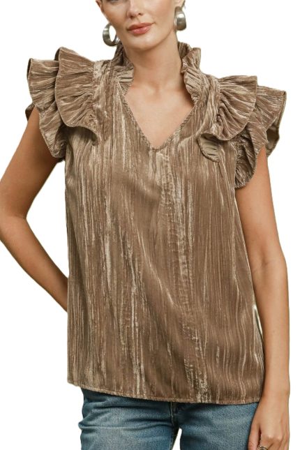 Velvet Ruffle Sleeve V-neck Blouse