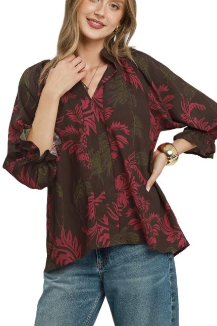 Botanical Print Split Neck Blouse