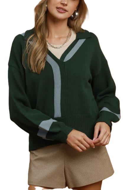 Contrast Stripe Collared V-neck Knit Sweater