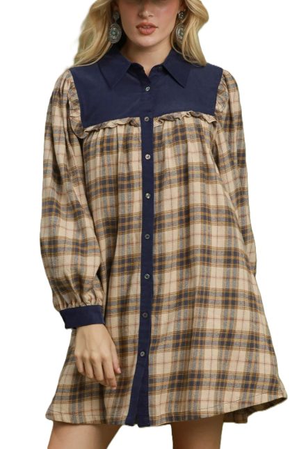 Plaid Corduroy Button Down Shirt Dress