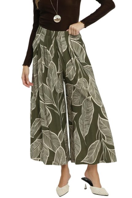 Tropical Leaf Print Wide Leg Palazzo Pants