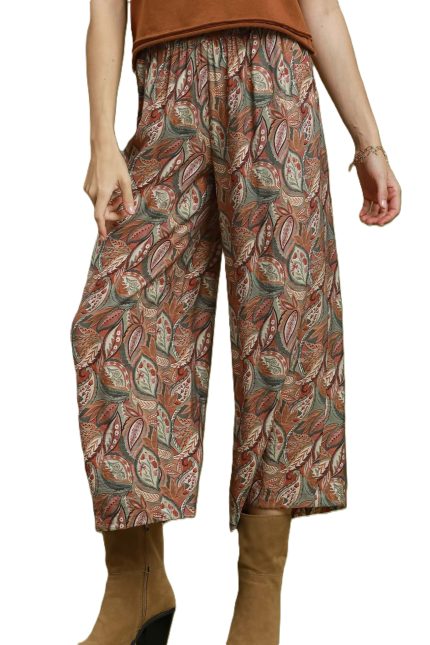 Botanical Print Cropped Wide Leg Pants