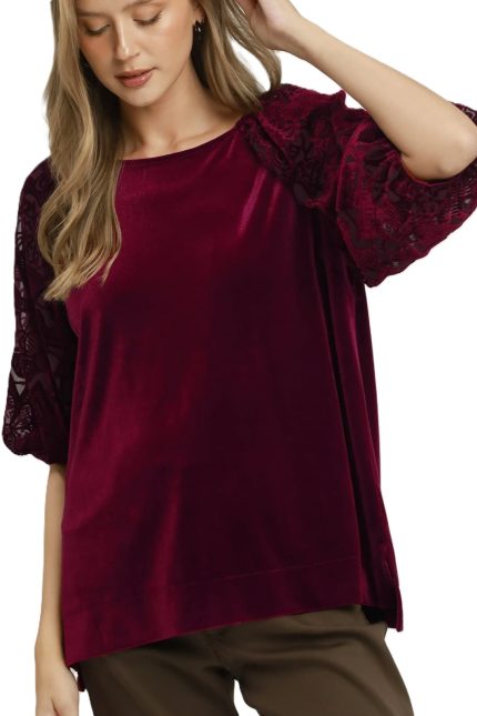 Velvet Top With Burnout Floral Puff Sleeves