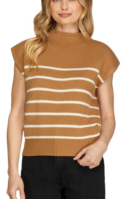 Mock Neck Striped Sweater Vest Top
