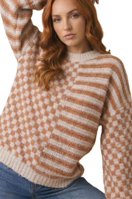 Checker Stripe Color Block Jacquard Sweater