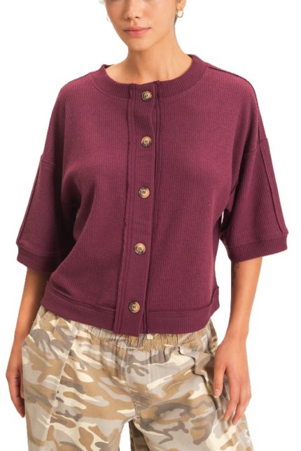 Button-down Short Sleeve Waffle Top