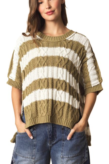 Striped Twist And Waffle Knitted Oversized Dolman Sweater