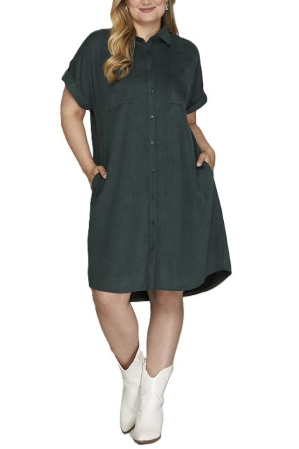 Plus Drop Shoulder Button Up Suede Shirt Dress