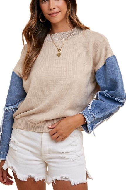 Denim Sleeve Contrast Distressed Sweater Top