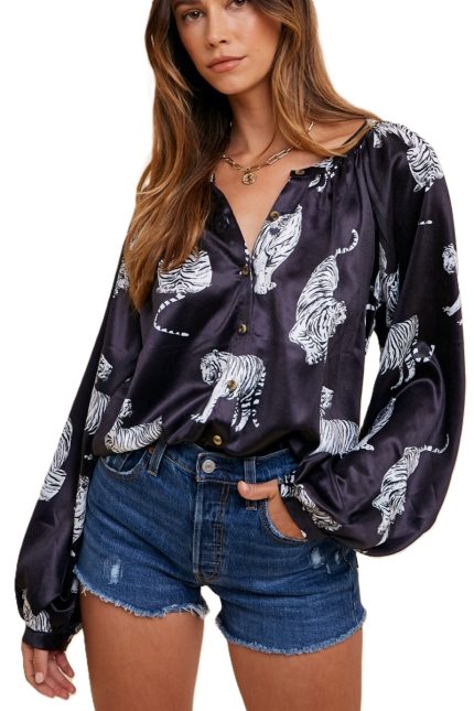Tiger Printed Relaxed Fit Buttons Down Blouse Top