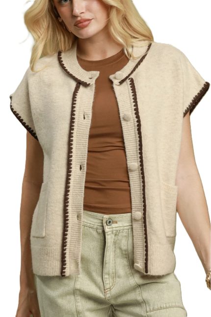 Contrast-trim Button-front Sweater Vest