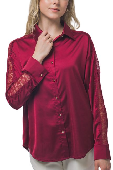 Satin Lace-sleeve Button-down Top