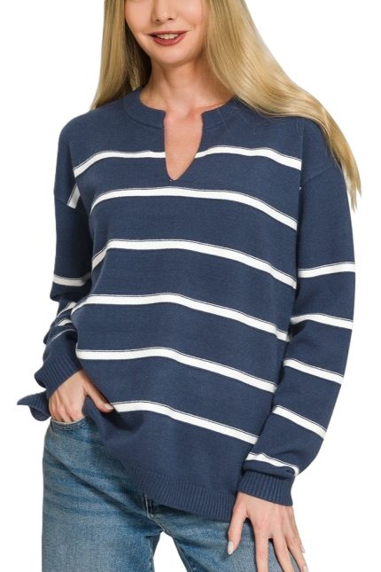 Viscose Split Neck Striped Sweater