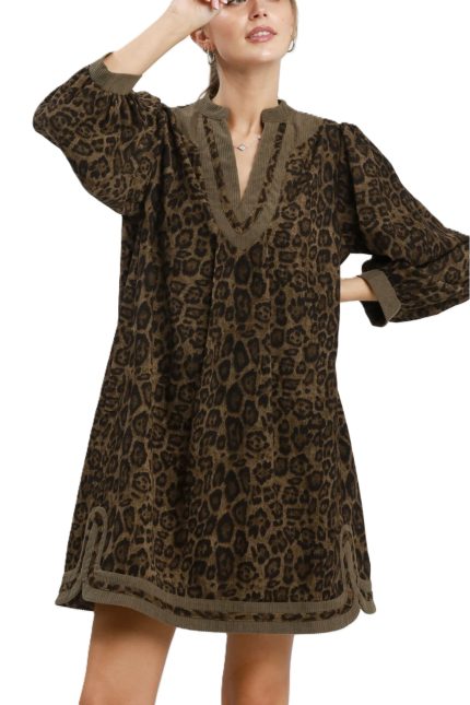 Leopard Print Contrast Trim Puff Sleeve Tunic Dress