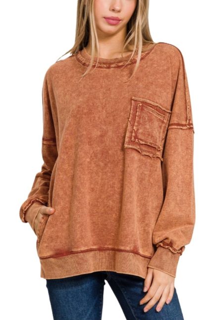 F/terry Acid Wash Raw Edge Front Pocket Pullover