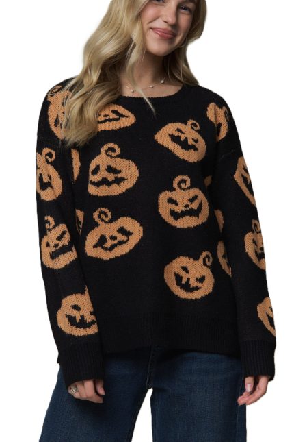 Halloween Pumpkin Print Knit Sweater