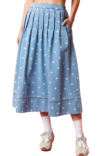 Polka Dot Washed Denim Pintuck Flare Midi