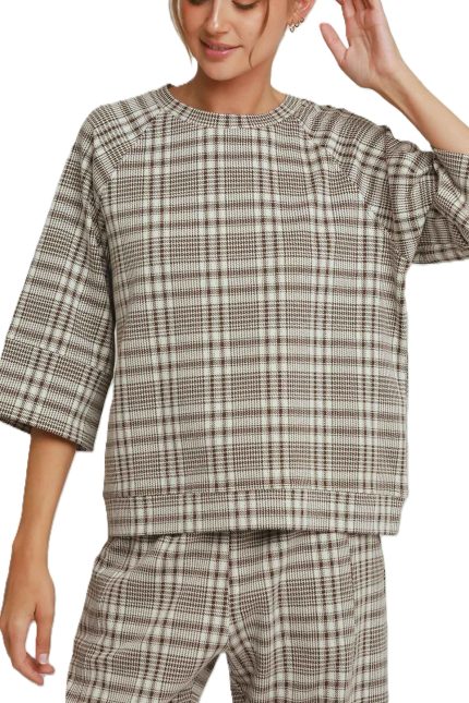 Fleece Plaid Raglan Sleeve Top
