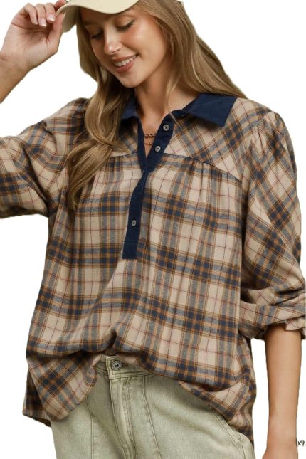 Plaid Contrast Collar Henley Blouse