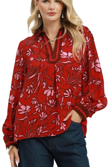Floral Print Lace Trim Split Neck Blouse