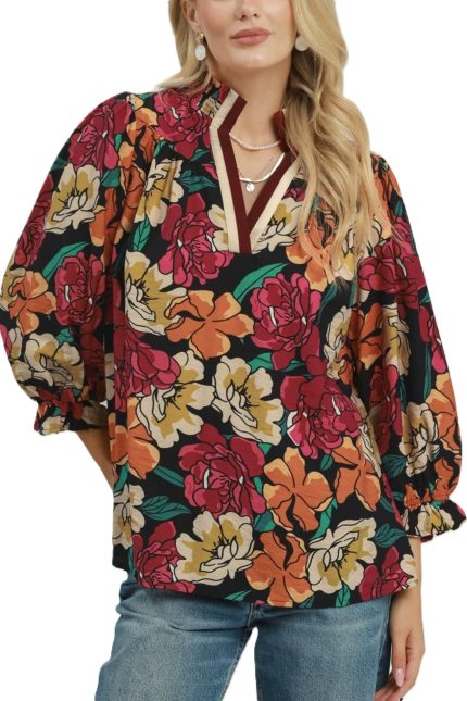 Floral Print Contrast Trim Ruffle Sleeve Blouse