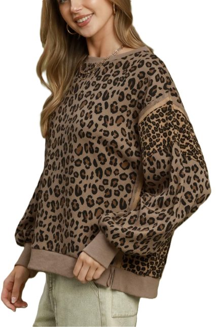 Leopard Print Waffle Knit Pullover