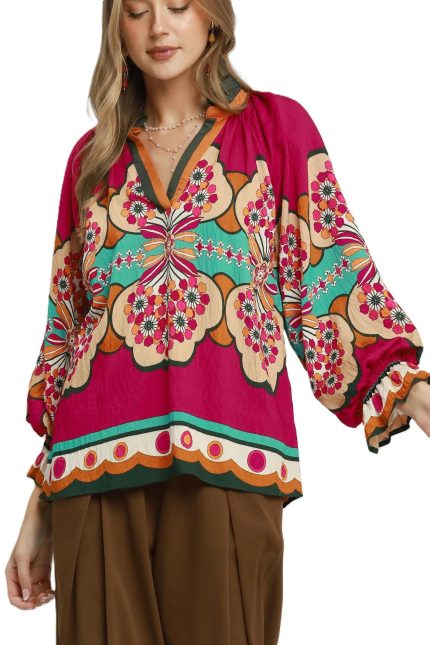 Mix Floral Border Print Peasant Blouse