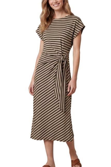 Drop Shoulder Striped Midi Dress With Side Tie