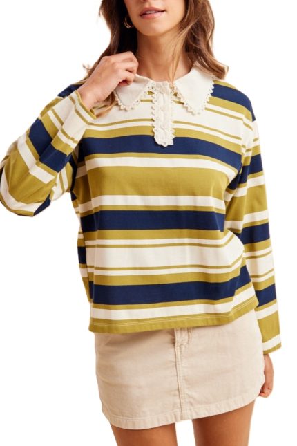 Variegated Stripe Rugby T-shirt With Lace Trim Collar